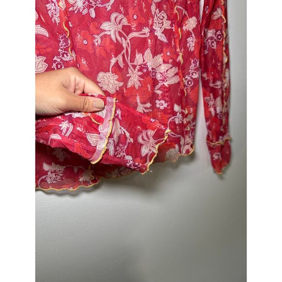 Womens floral mesh crinkle long sleeve top medium y2k festival boho goth - Picture 3 of 9